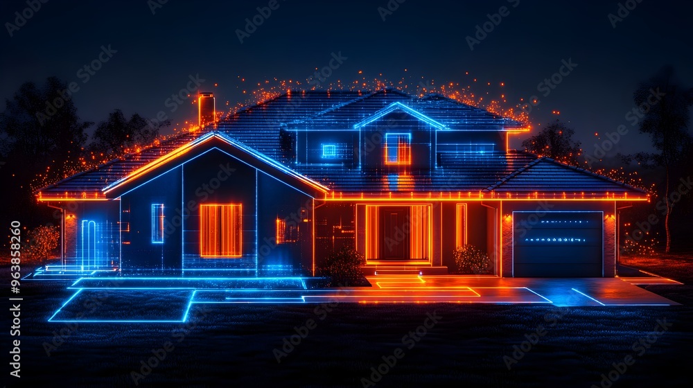 Poster innovative graphic illustrating a smart home powered by iot sensors and technology