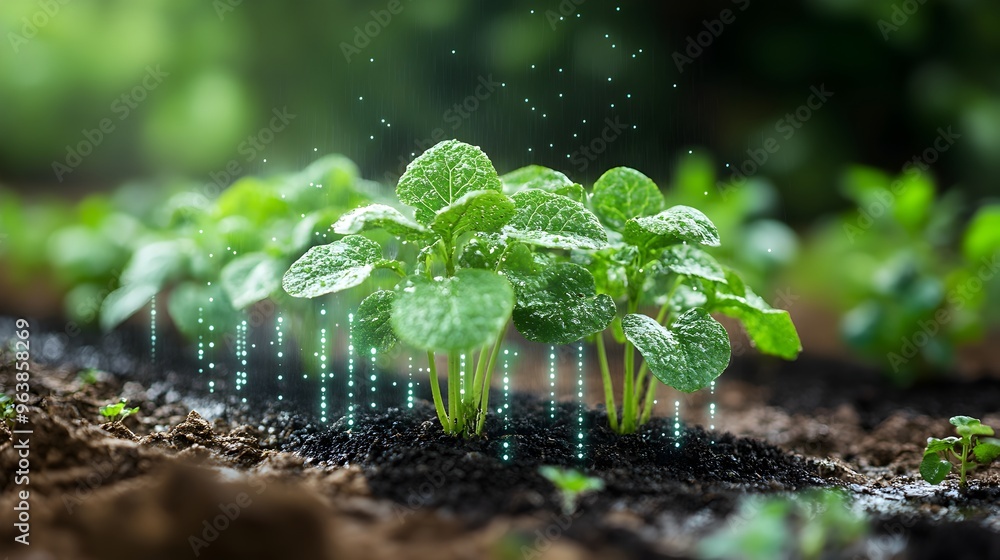 Poster innovative graphic of a smart irrigation system using advanced technology for efficient water manage