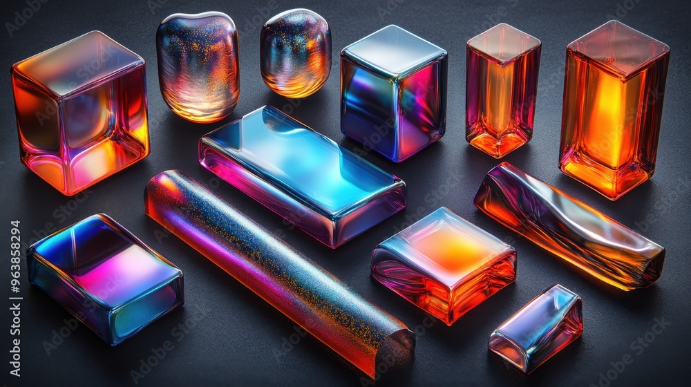 Poster 3d assorte3d iridescent geometric shapes abstract objects collection of colorful metallic design ele