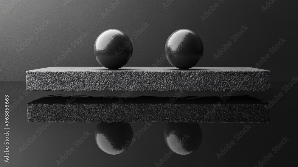 Poster 3d black balls place3d on scales with reflection in the water isolate3d on black backgroun3d primiti