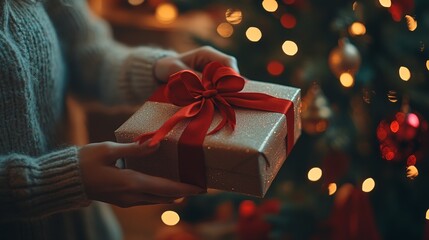 Close-Up of a Woman’s Hands Tying a Red Ribbon on a Christmas Gift Box with a Blurred Christmas Tree in the Background, Warm Holiday Lighting, and Cozy Atmosphere