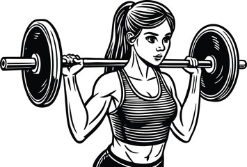 Young Girl Lifting Barbell in Gym silhouette illustration black and white