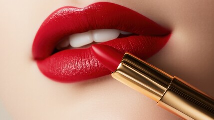 Obraz premium Plump lips with red lipstick, macro photography 