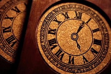 Close up fake wooden roman numerals clock decoration
