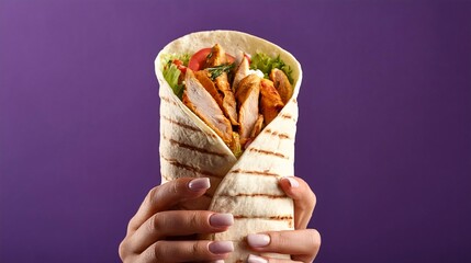 Woman’s hand holding a delicious doner kebab against a purple backdrop.