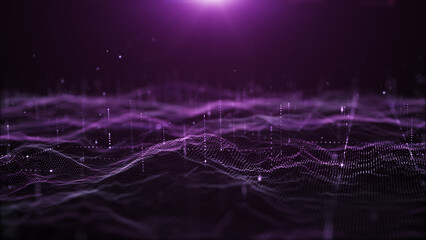 Futuristic flight through a digital line landscape, purple dust particle ,abstract background. 