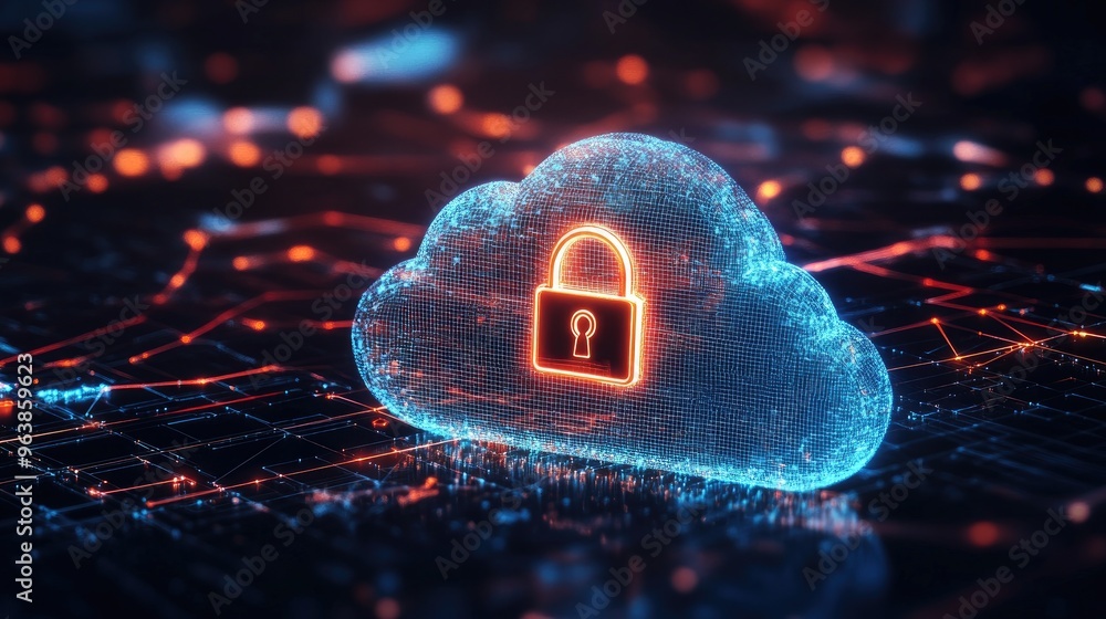 Poster an abstract illustration of a secure cloud with a padlock icon, representing digital protection in c