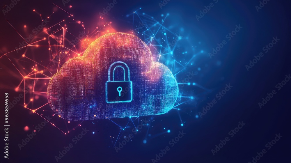 Poster an abstract illustration of a secure cloud with a padlock icon, representing digital protection in c