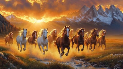 Group of horses galloping in the mountains, with a sunset and clouds in the background