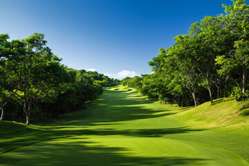 A serene golf course landscape featuring lush green fairways and trees under a clear blue sky.