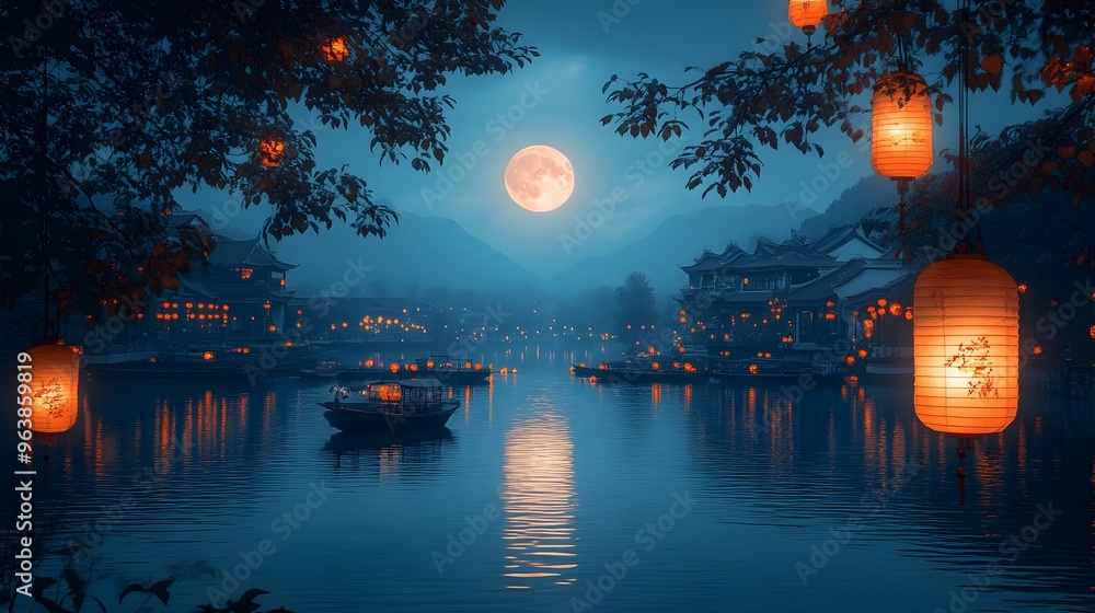 Aufkleber tranquil riverside scene with serene moonlight reflection