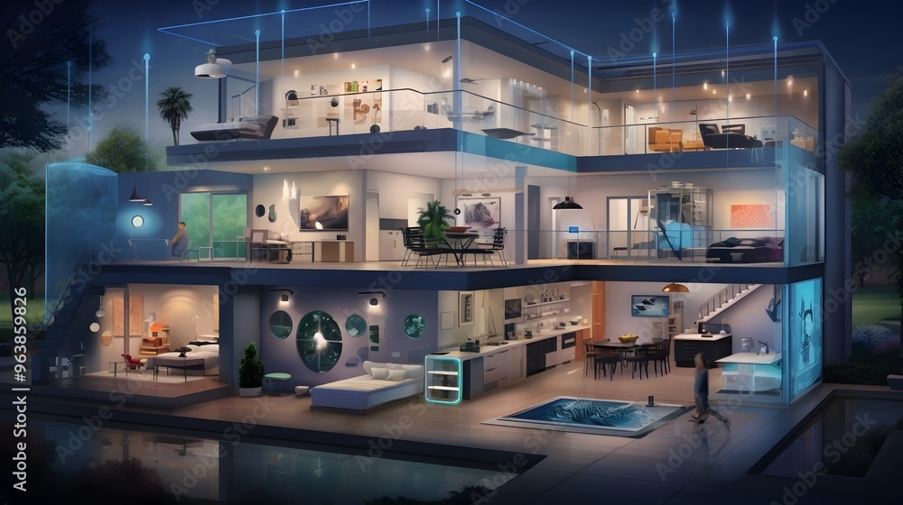 Aufkleber smart home with iot sensors controlling lighting temperature and security