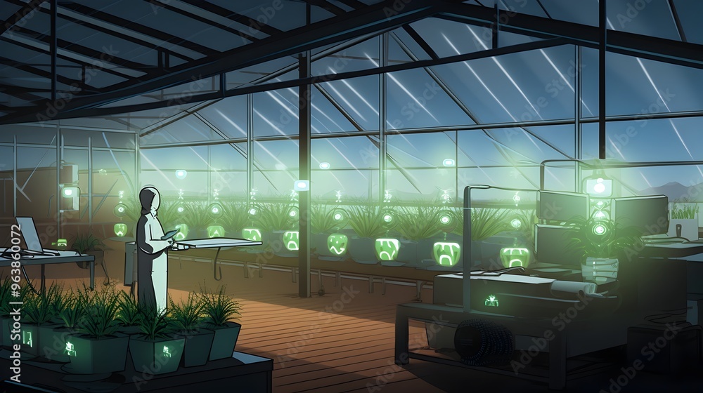 Poster smart greenhouse iot sensors automating watering lighting temperature control for efficient plant gr