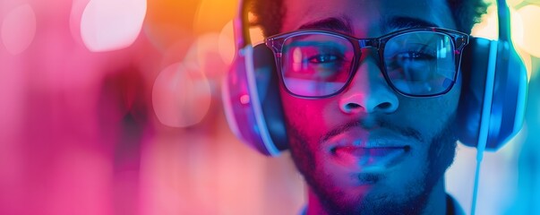 Close-up Portrait of a Man Wearing Headphones and Glasses in Neon Light