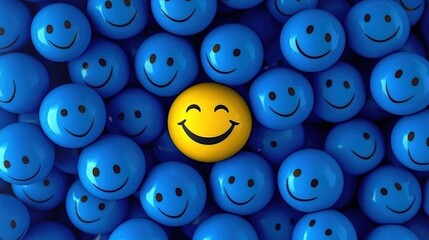 Concept of odd one out, yellow smiley ball standing out from the crowd of blue laughing balls