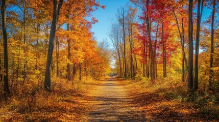 Fototapeta premium Autumnal Forest Path with Vibrant Foliage