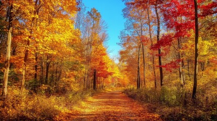 Fototapeta premium A Path Through a Forest of Vibrant Autumn Colors