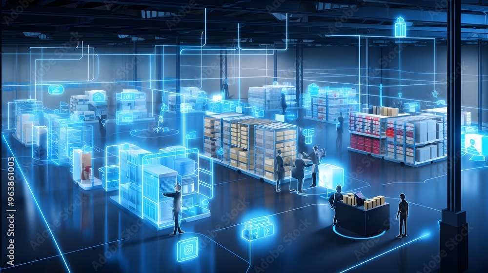 Poster efficient smart logistics warehouse with iot inventory tracking and route optimization