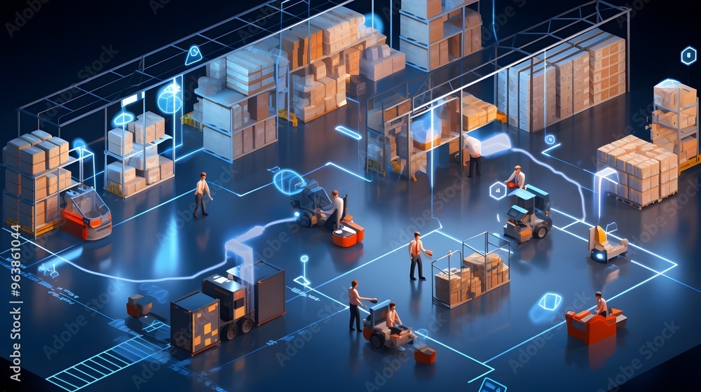 Poster streamlined logistics smart warehouse optimizing inventory and delivery routes with iot sensors