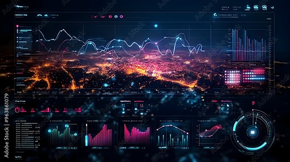 Poster smart city dashboard showcasing iot sensor data on traffic pollution and energy usage
