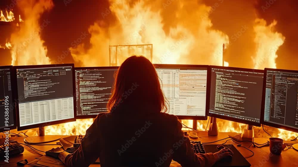 Wall mural person working at multiple monitors in front of a massive fire, symbolizing chaos and crisis managem
