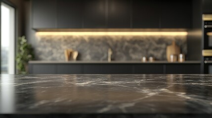 An empty dark marble surface, framed by a blurry kitchen in the background, awaits an elegant product display.