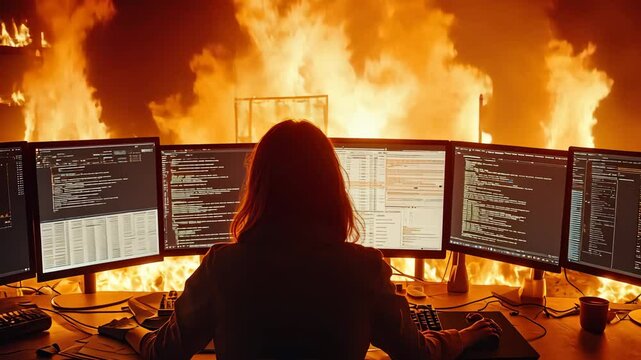Person working at multiple monitors in front of a massive fire, symbolizing chaos and crisis management in technology.
