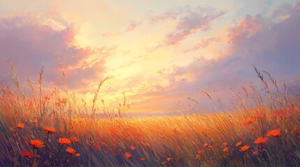 Fototapeta premium Sunset Over a Field of Tall Grass and Wildflowers