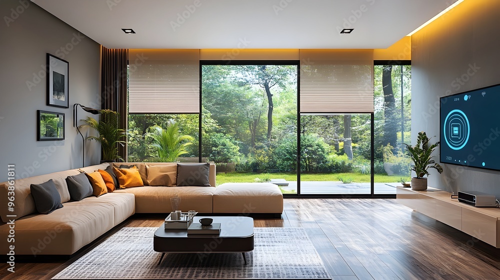 Poster automated smart home with iot sensors controlling window shades fans and air purifiers