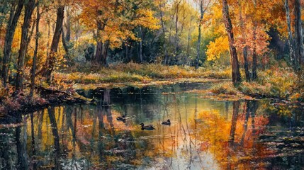 Fototapeta premium Tranquil Autumn Pond with Ducks and Golden Reflections