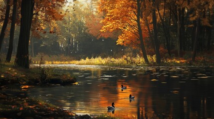 Fototapeta premium Ducks Swimming in a Tranquil Forest Lake during Autumn