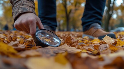 Illustrate a person organizing a Halloween scavenger hunt in the park from a low angle Show detailed expressions and engagement in natural light Background slightly blurred to emph