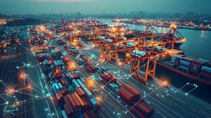 Naklejka premium Automated Shipping Port with IoT Sensors Managing Container Tracking and Crane