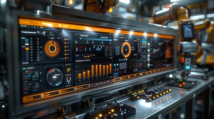 Obraz premium monitor in the manufacturing plant showing a dashboard of potential errors and recommendations from a 3D scanned model of the part being held by robot arms in an advanced manufacturing plant