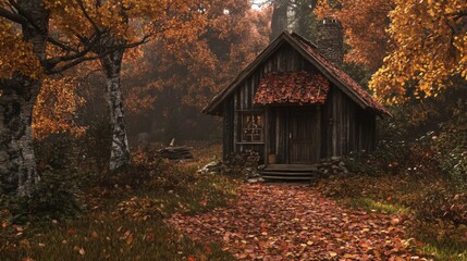 A Rustic Cabin Nestled Amidst Autumnal Foliage