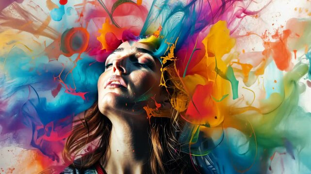Woman with vibrant splashes of paint erupting from her head, symbolizing creativity, imagination, and artistic expression. Mental health problems, ADHD
