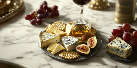 Cheese board with glass of whisky presentation