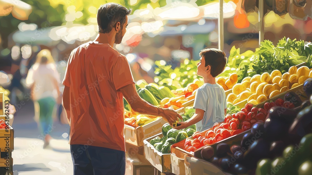 Wall mural a day in the life of an lgbtq+ family at the farmer's market, picking out fresh produce together and