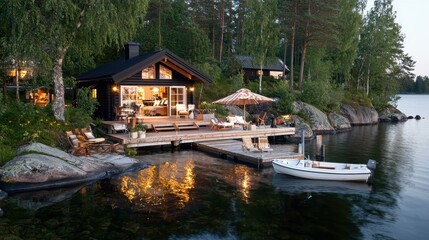 Obraz premium Cozy Cabin on a Secluded Lake with a Boat and Dock