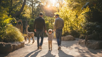 Fototapeta premium Two LGBTQ+ dads walking hand-in-hand with their toddler at the zoo, pointing at animals and sharing a moment of awe and wonder, set against a bright sunny day