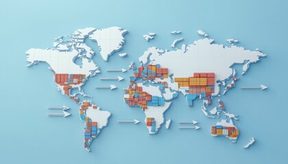 Naklejka premium Illustration of a world map with colorful cargo containers, representing global trade and shipping routes.