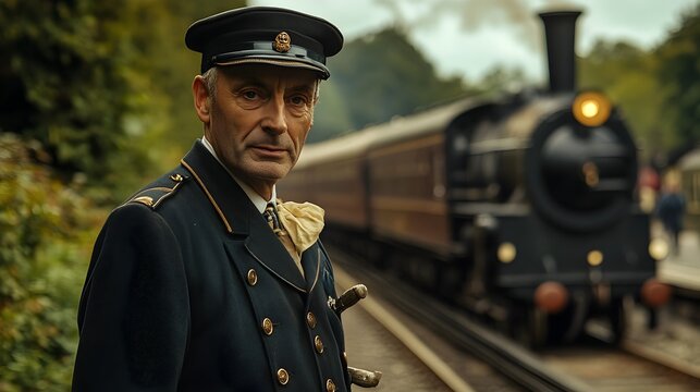 Countryside Train Station Overseen by Station Master in Uniform