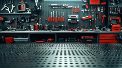 Metal Workbench with Blurred Garage Tools and Equipment Background