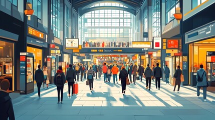 Obraz premium Bustling Transit Hub with Shops and Hurrying Passengers in a City Concourse