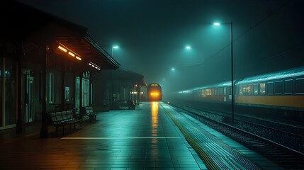 Fototapeta premium Illuminated Night Train Station with Arriving Train in the Background