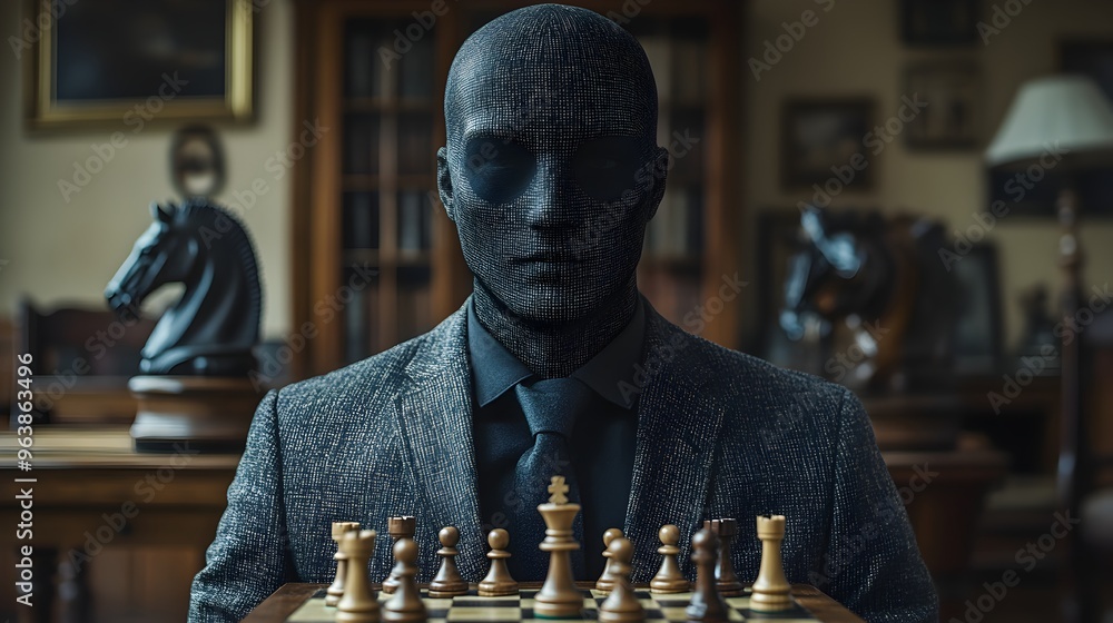 Poster Invisible Businessman Playing Chess with Moving Pieces on the Board