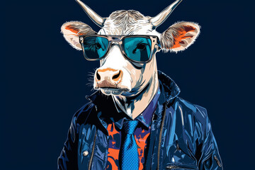 A stylized illustration of a cow wearing sunglasses and a suit, blending humor with a fashionable twist.