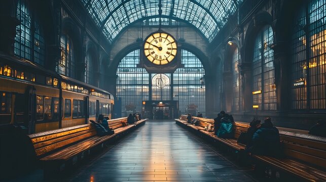 Vintage Train Station With Old Fashioned Benches and Large Clock Awaiting Travelers