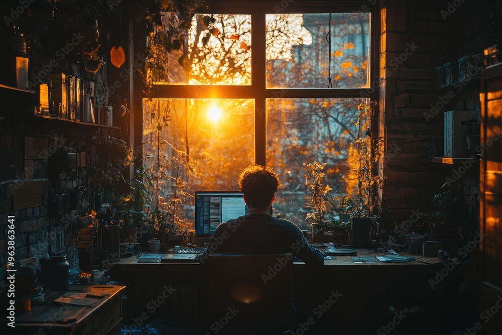 Poster man working at a desk by a window with a sunset view