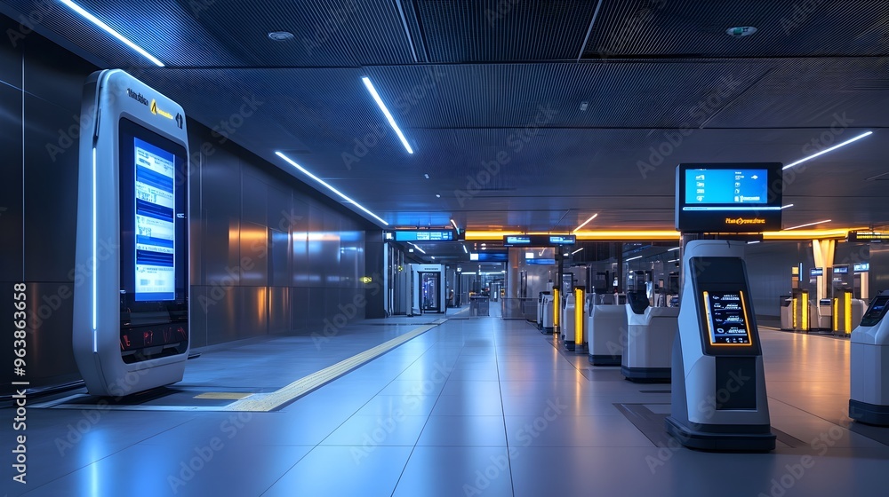 Poster futuristic high tech transportation station with robotic cleaners and automated ticketing systems